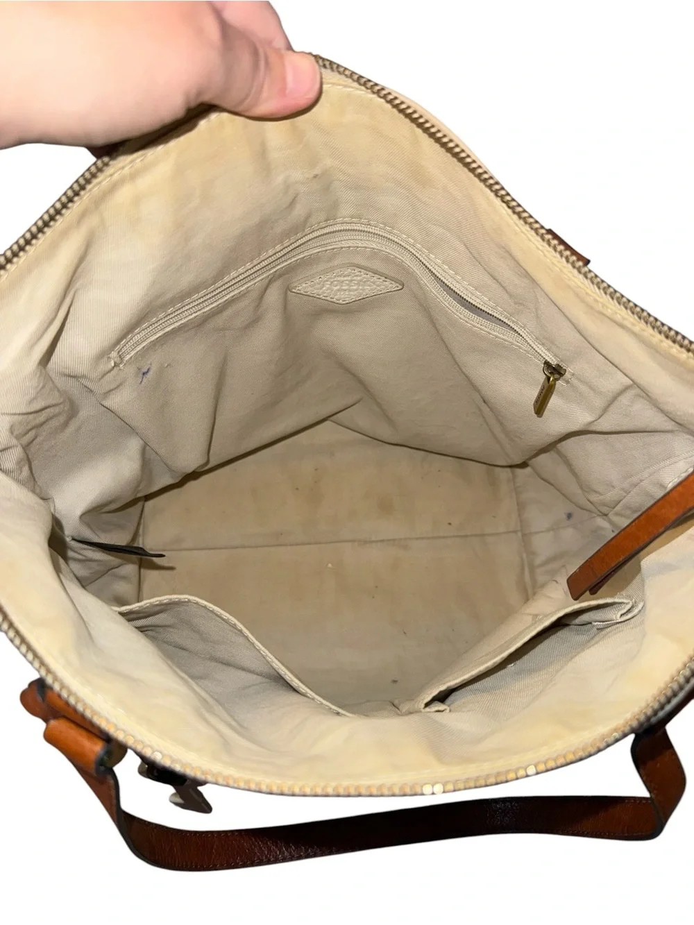 Fossil Cream and Brown Leather Tote Bag with Contrast Base